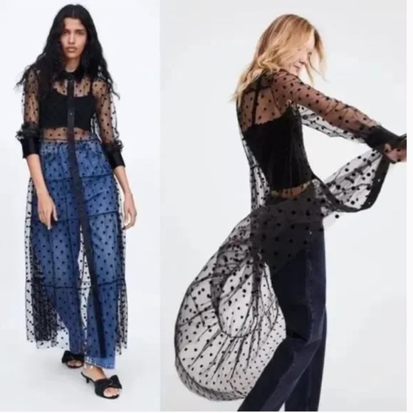 ZARA Sheer Polka Dot Tulle Button Down Short Dress in Black Size XS - Picture 1 of 9